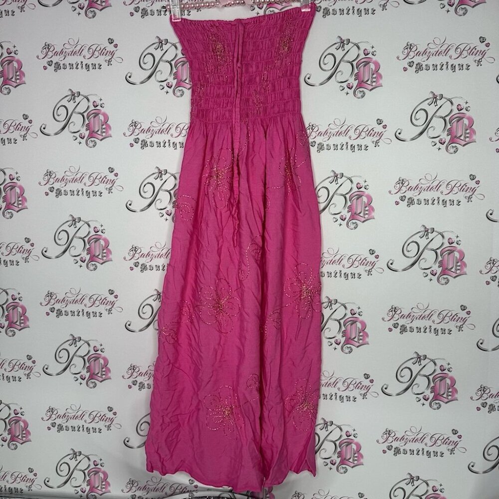 Dress long embroidered gold shiny thread floral flowers one size fits all beach